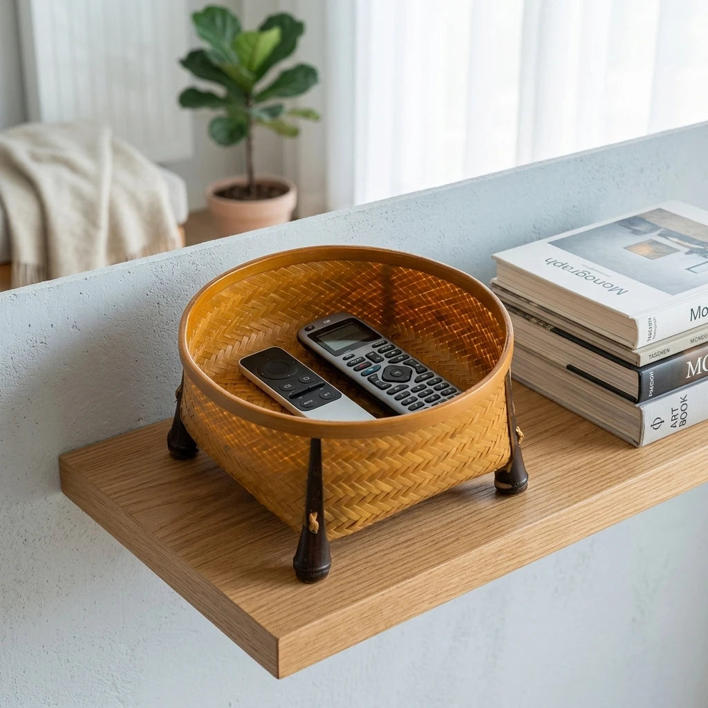 Open Basket on Oak Shelf